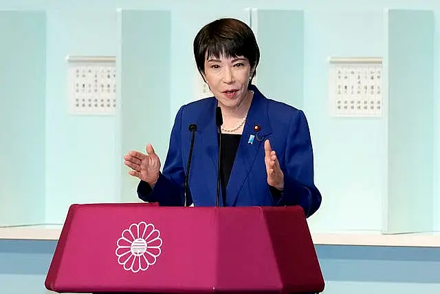 Sanae Takaichi speaks before a run-off election at the Liberal Democratic Party’s leadership election in Tokyo