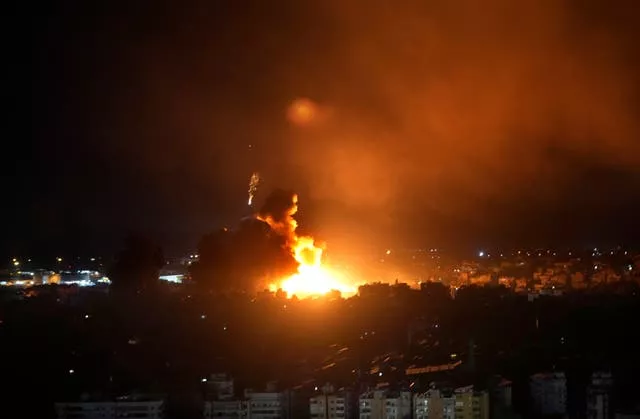 Flames rise from Israeli air strikes in Dahiyeh, Beirut, Lebanon