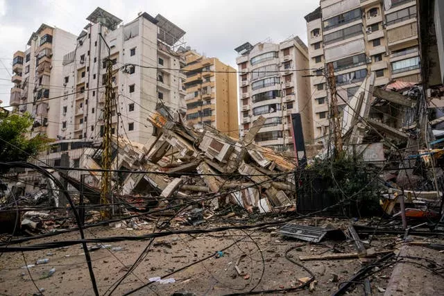 A damaged building at the site of an Israeli airstrike in Beirut’s southern suburb