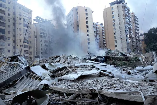 A destroyed resident complex hit by Israeli air strikes in Dahieh, Beirut