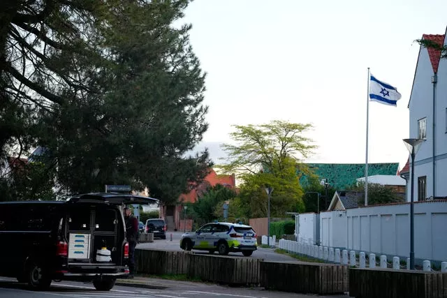 A police vehicle is seen near the Israeli embassy in Copenhagen