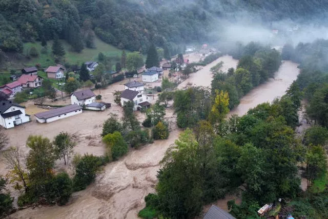 Flooded houses after heavy rain in the village of Luke, near the Bosnian town of Fojnica , 50 kilometres (31 miles) west of Sarajevo, Bosnia 