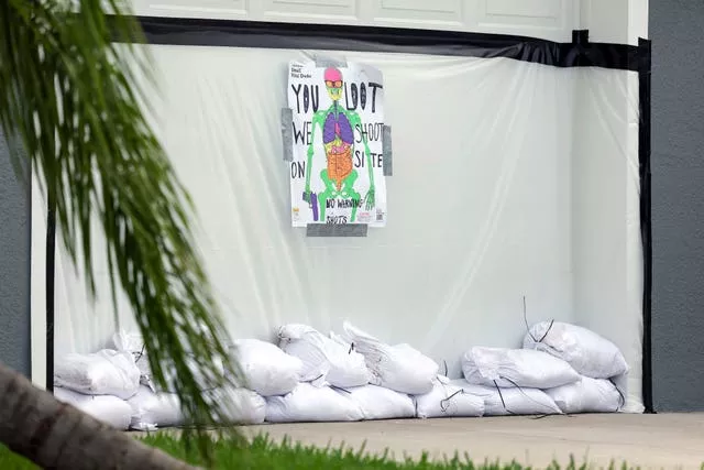 Sandbags by a garage door