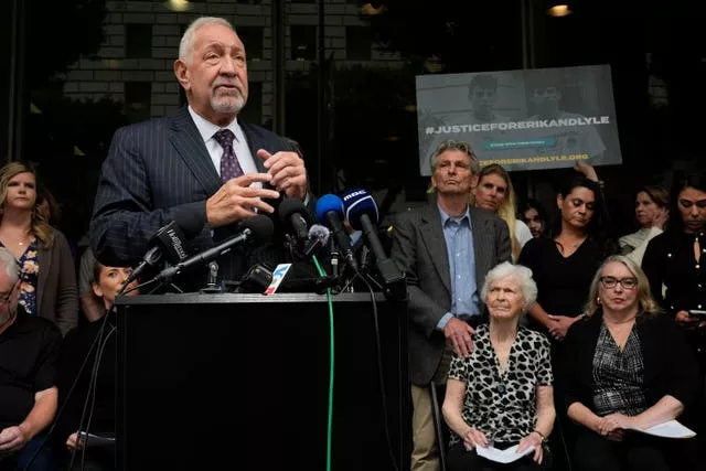 Lawyer Mark Geragos speaks in front of members of the Menendez family during a press conference