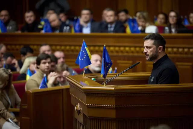 Volodymyr Zelensky speaks to parliamentarians in Kyiv