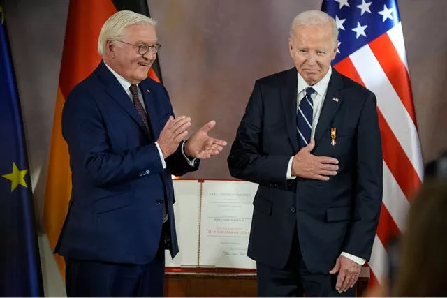 Joe Biden after receiving Germany’s Grand Cross special class of the Order of Merit from German President Frank-Walter Steinmeier