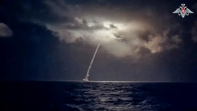 A Bulava ballistic missile is test-fired from the Okhotsk Sea during drills 