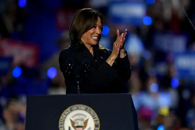 Democratic presidential nominee Kamala Harris speaks during a campaign rally in Milwaukee