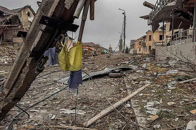 A central street covered in debris from destroyed residential buildings after Russian bombing in Kurakhove, Donetsk region, Ukraine