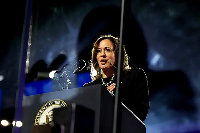 Kamala Harris speaks during a campaign rally outside the Philadelphia Museum of Art 