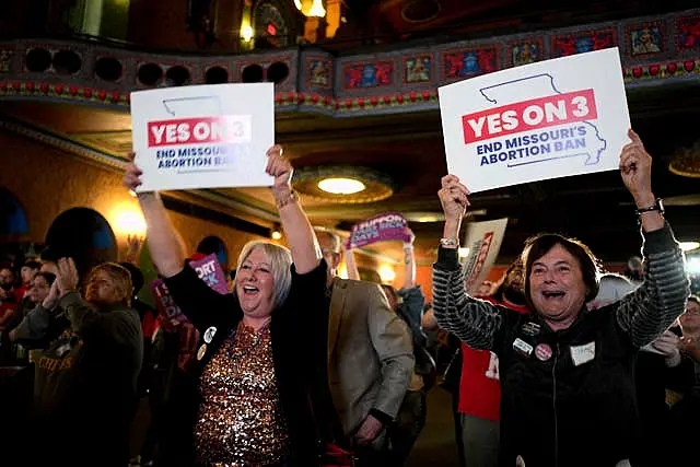 People at an election night watch party react after an abortion rights amendment to the Missouri constitution passed in Kansas City, Missouri