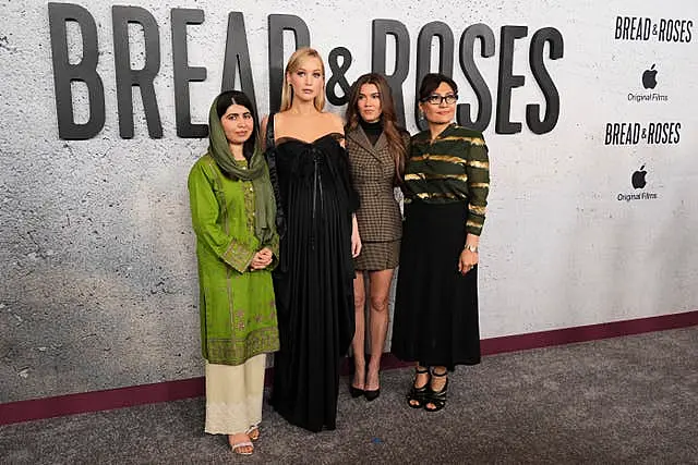 From left, executive producer Malala Yousafzai, producers Jennifer Lawrence and Justine Ciarrocchi, and director Sahra Mani at the premiere of the documentary film Bread & Roses