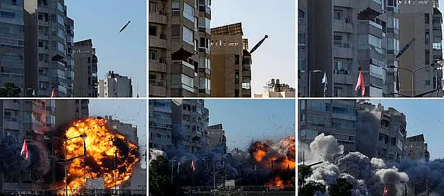 This combination of photographs shows a bomb dropped from an Israeli jet as it hits a building in Tayouneh, Beirut, Lebanon