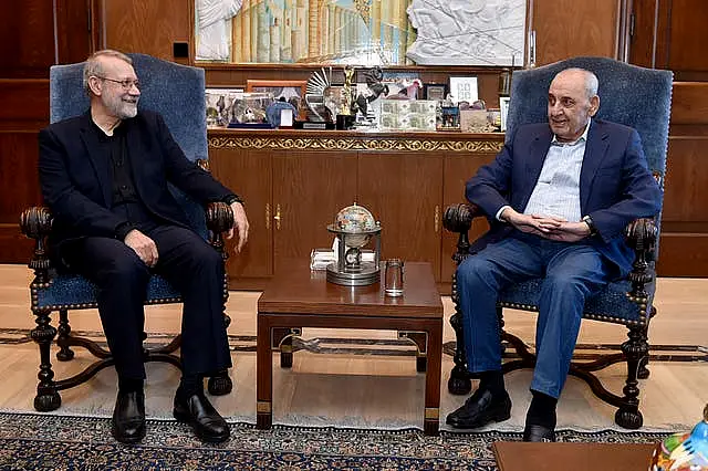 Lebanese parliament speaker Nabih Berri, right, meets Ali Larijani, an adviser to Iran’s supreme leader Ali Khamenei, in Beirut, Lebanon