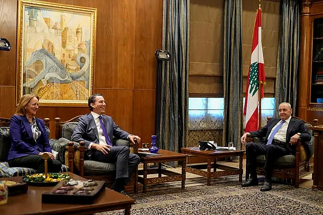 Amos Hochstein, centre, and Lebanese parliament speaker Nabih Berri