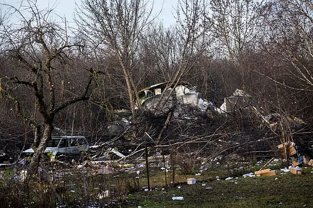 A view of the wreckage of the DHL cargo plane that crashed into a house near Vilnius, Lithuania