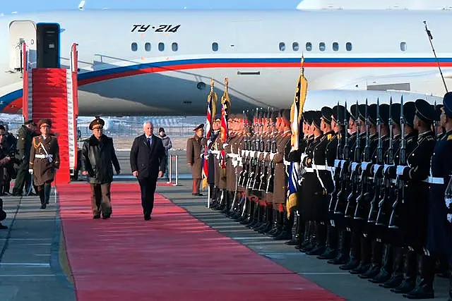 Andrei Belousov is welcomed by No Kwang Chol upon his arrival at Pyongyang International Airport 