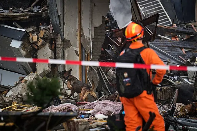 Sniffer dog amid debris while handler watches on