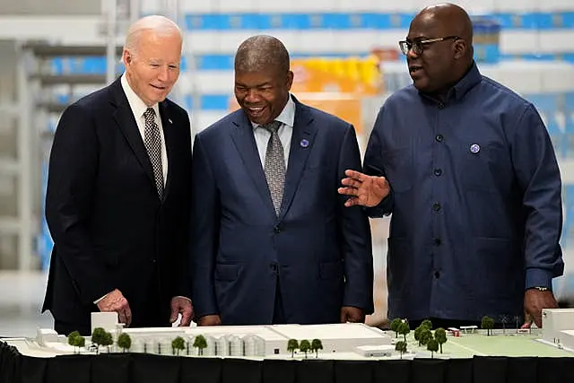 President Joe Biden, Angola’s President Joao Lourenco, and Guinea-Bissau’s President Umaro Sissoco Embalo, at the Carrinho food processing factory near Lobito