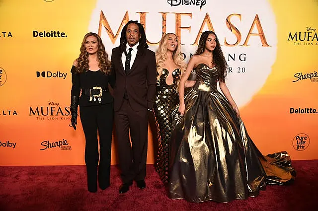 Tina Knowles, from left, Jay-Z, Beyonce, and Blue Ivy Carter at the premiere of Mufasa: The Lion King at the Dolby Theatre in Los Angeles 