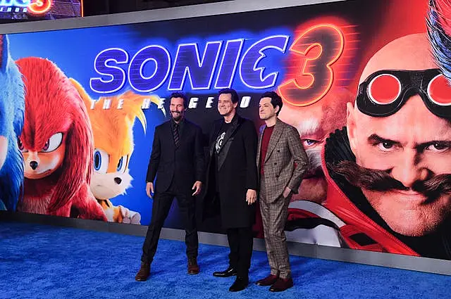 Keanu Reeves, from left, Jim Carrey and Ben Schwartz at the premiere of Sonic The Hedgehog 3 at TCL Chinese Theatre in Los Angeles