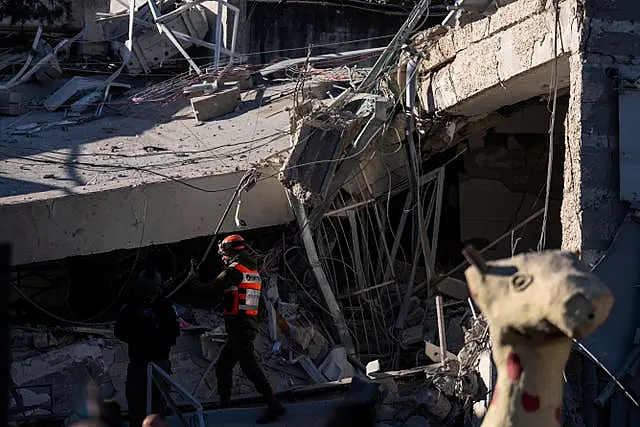 The damage caused after a large piece of shrapnel from Houthi missile collapsed a school building in Tel Aviv, Israel