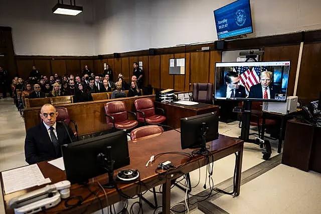 President-elect Donald Trump appears with his lawyer Todd Blanche on a video feed for his sentencing for for his hush money conviction in a Manhattan court 