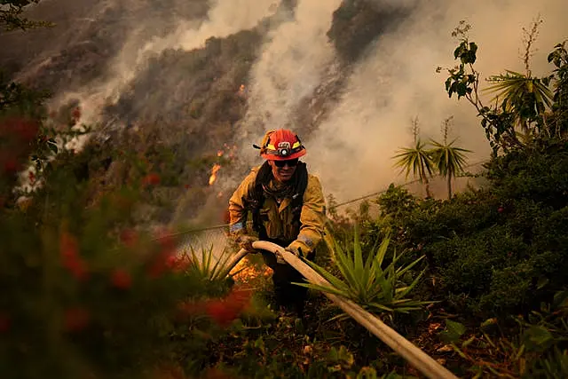  firefighter sets up a hose while fighting the Palisades Fire in Mandeville Canyon