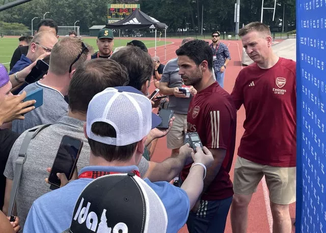 Arsenal manager Mikel Arteta speaks to the media during a training session at the George Mason University in Washington DC