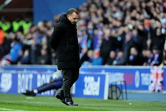 Celtic manager Brendan Rodgers looks down to the ground during his side's 3-0 loss at Rangers