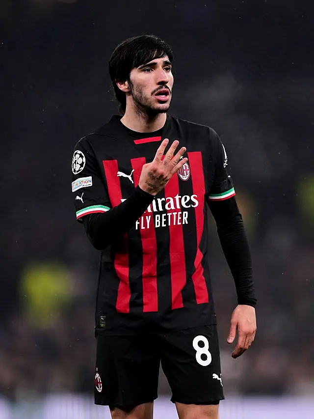 AC Milan’s Sandro Tonali during a Champions League round of 16 match at Tottenham