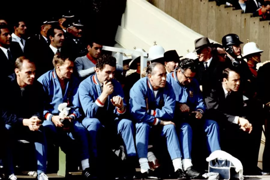 Jimmy Greaves, far right, watched the World Cup final from England's bench