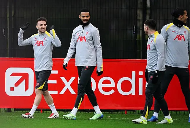 Liverpool’s Diogo Jota with Andrew Robertson, Cody Gakpo and Virgil van Dijk during a training session