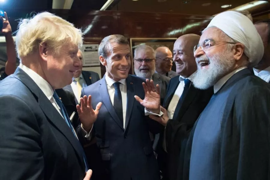 Prime Minister Boris Johnson (left), President of France Emmanuel Macron (centre) and then president of Iran Hassan Rouhani (right) meeting at the 74th Session of the UN general assembly (Stefan Rousseau/PA)