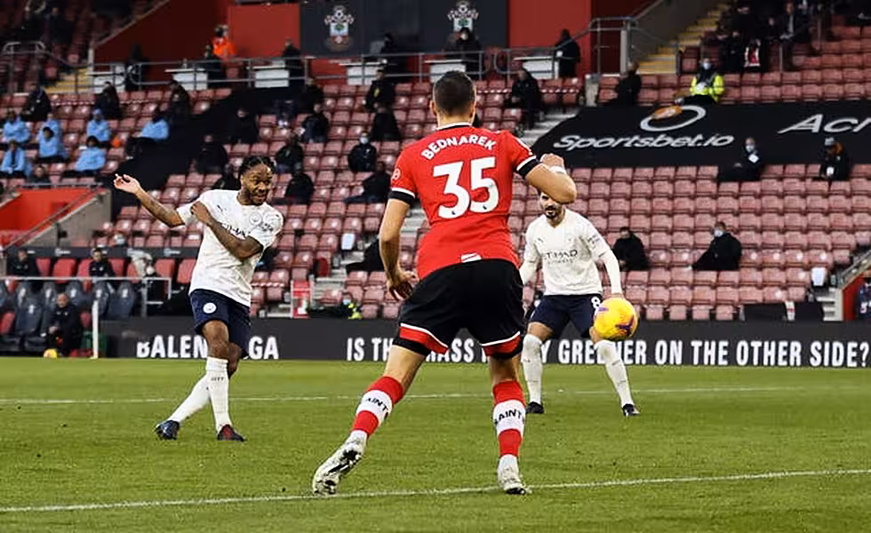 Raheem Sterling, left, scores the only goal at Southampton