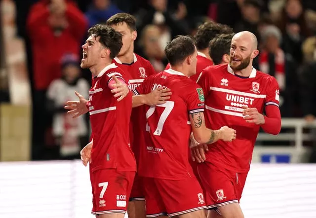 Middlesbrough’s Hayden Hackney (left) celebrates after scoring his first-leg winner against Chelsea