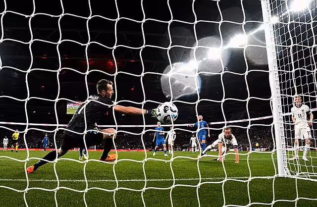 England’s Harry Kane heads home before being adjudged offside against Finland