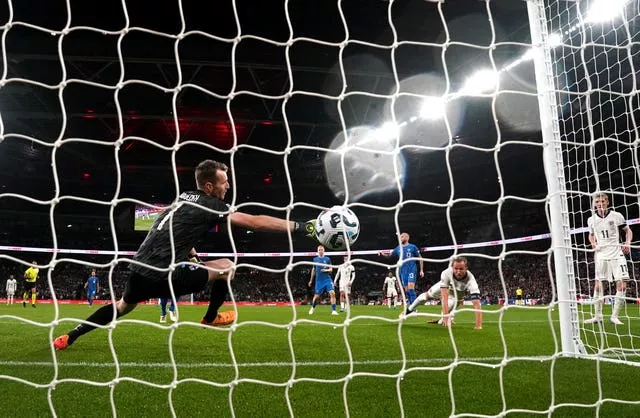 England’s Harry Kane heads home before being adjudged offside against Finland