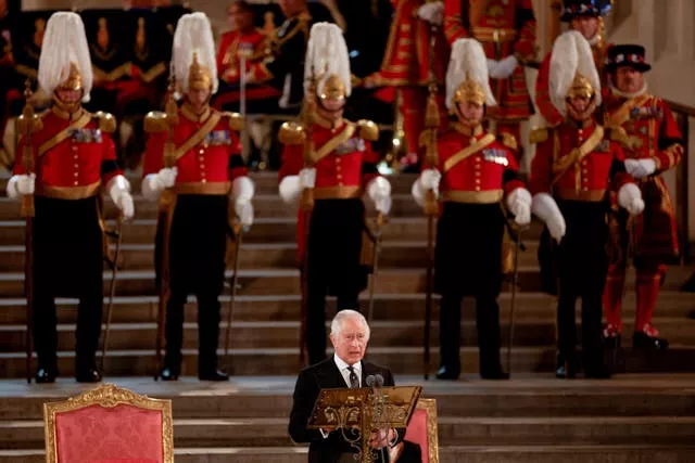 King Charles III gives his address thanking the members of the House of Lords and the House of Commons for their condolences at Westminster Hall, London