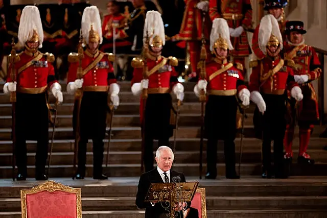 King Charles III gives his address thanking the members of the House of Lords and the House of Commons for their condolences at Westminster Hall, London