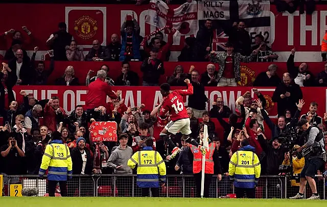 Amad Diallo celebrates scoring Manchester United's second against Newcastle