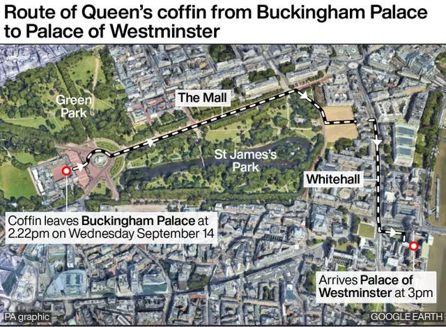 Route of Queen’s coffin from Buckingham Palace to Palace of Westminster