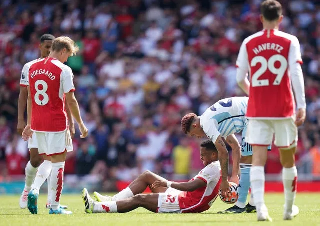 Jurrien Timber, centre, suffered anterior knee ligament damage against Nottingham Forest
