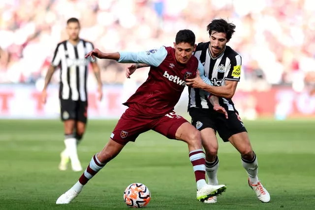 Sandro Tonali, right, battles for possession with West Ham’s Edson Alvarez