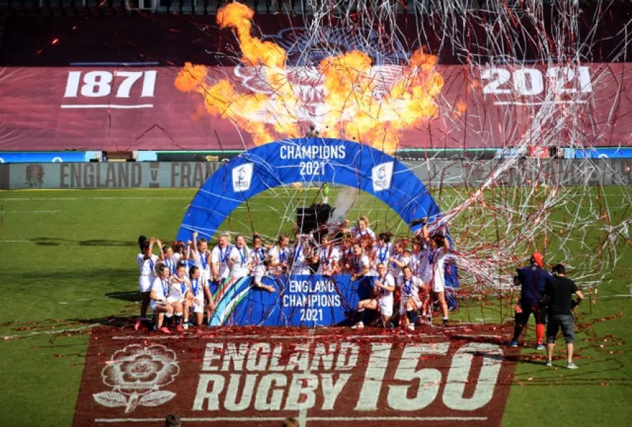 England celebrate winning the Guinness Women’s Six Nations at Twickenham Stoop after victory over France