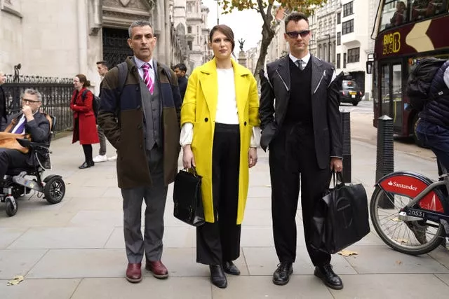 Simon Blake, left to right, Nicola Thorp and Colin Seymour arriving at the Royal Courts Of Justice