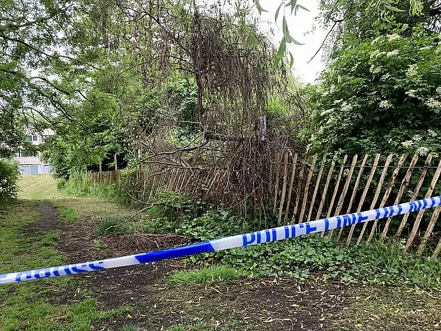 Police tape across a woodland path