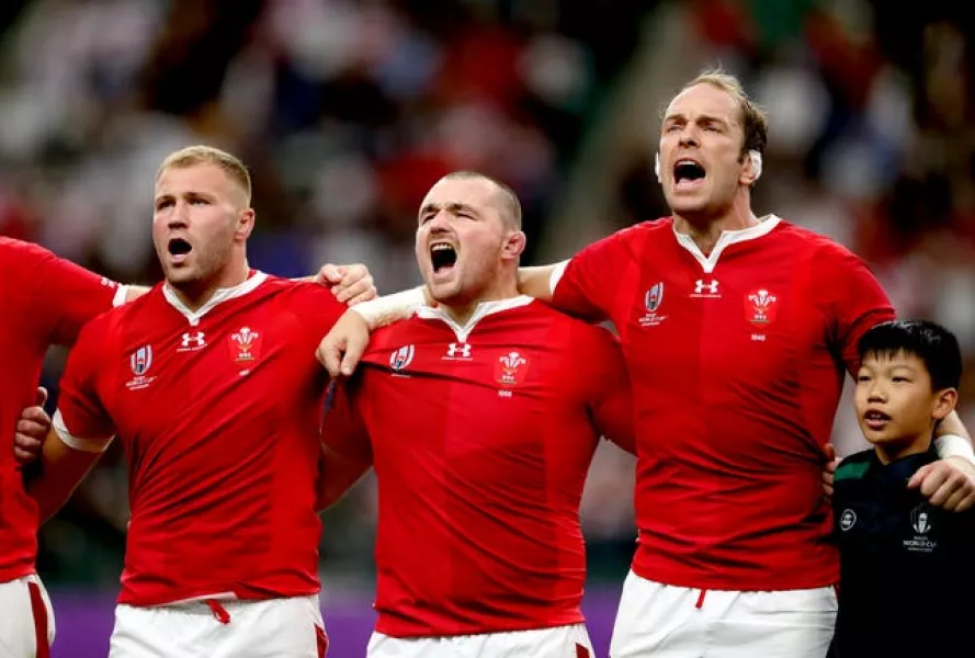 Ken Owens and Alun Wyn Jones sing the Welsh anthem during the 2019 World Cup 