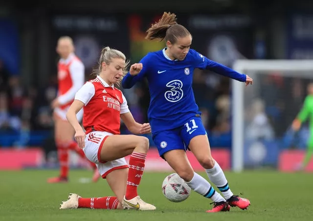 Chelsea’s Guro Reiten (right) is tackled by Arsenal’s Leah Williamson (Bradley Collyer/PA)