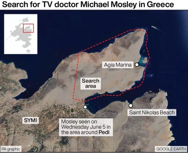 PA graphic showing a map of the Agia Marina area which is the search location for missing Dr Michael Mosley